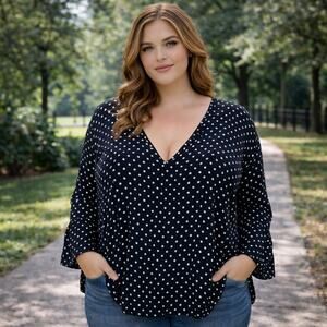 City Chic Black White Polka dot Flared Sleeve Pop Over Top 20